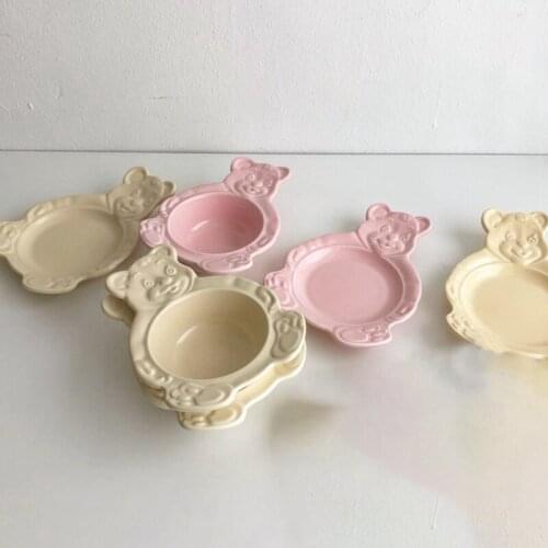 INS Cartoon Bear Cute Ceramic Plate Dessert Bowl Home Kitchen Dinner Flat Soup Breakfast Salad Dessert Plate