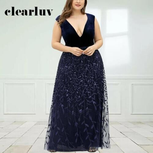 Navy Blue A-Line Women Party Dress DR1524 Deep V-Neck Sexy Evening Dress Sequin Elegant Long Gowns Plus Size Vestidos De Fiesta