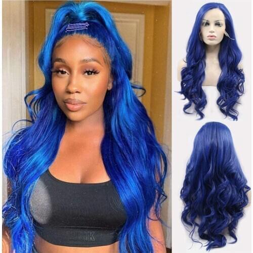 Dark Blue Synthetic Lace Front Wigs for Women Side Part Long Curly Wave Lace Wig with Baby Hair Cheap Blue Hair Wigs for Girl