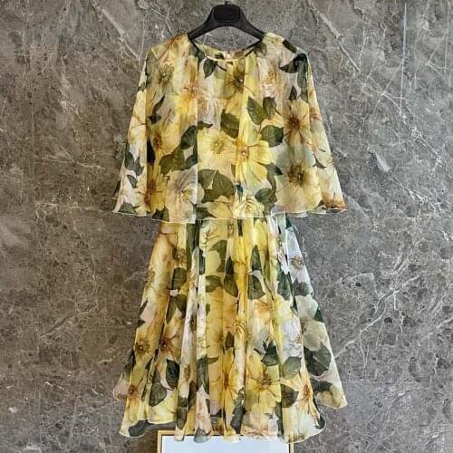 High Quality 2021 Summer Womens Dress Retro Silk Yellow Camellia Flower Print Shawl Cloak Holiday Party Dress