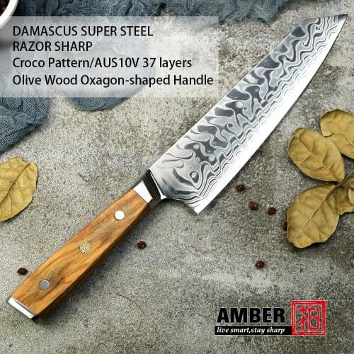 Amber Japanese Kitchen Knife Handmade Chefs Knife AUS10V 37Layers Damascus Steel 8" Kiritsuke Slicing Fish Meat Cooking Tools
