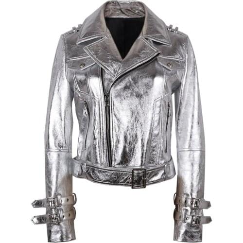 YOLOAgain Women Motorcycle Leather Jacket Shiny Sliver Leather Jacket For Ladies