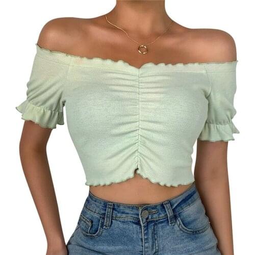 Sexy Off Shoulder Women T-Shirts Ruched Short Sleeve T-Shirt Solid Color Ruffles Summer Crop Top Frilly Female Tops Ropa Mujer