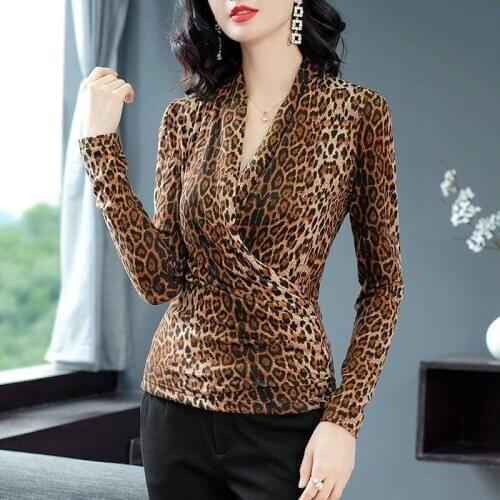 Womens Spring Autumn Style Blouses Shirt Womens Leopard V-Neck Long Sleeve Hollow Out Sequined Korean Slim Tops DD8775
