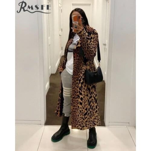 RMSFE 2021 European And American Womens New Leopard Print Medium Length Long Sleeve Lapel Leopard Print Windbreaker Coat