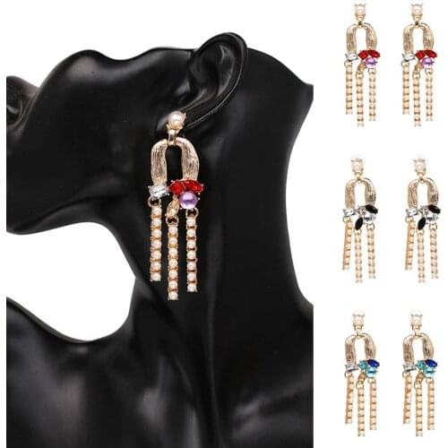 Women Fashion Rhinestone Faux Pearl Tassel Dangle Ear Stud Earrings Jewelry Gift