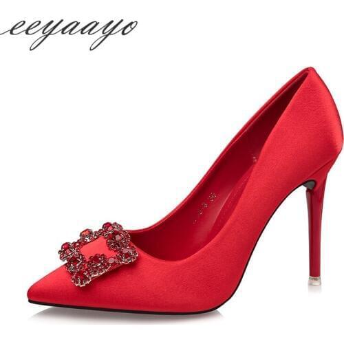 2019 New Spring/Autumn Women Pumps High Thin Heel Pointed Toe Shallow Slip-On Crystal Sexy Ladies Women Shoes Red High Heels