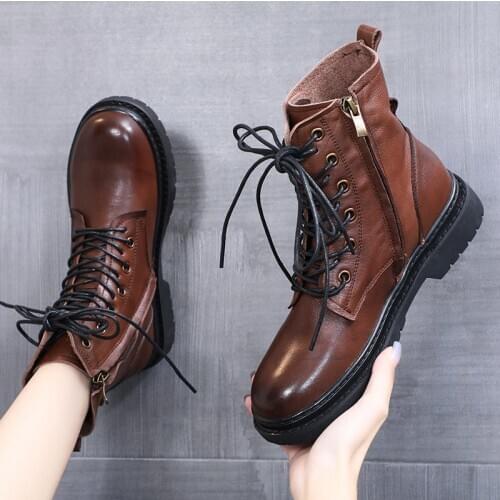 LAASIMI Women Winter Cow Leather With Fur Motorcycle Boots For Ladies Lace Up Ankle Autumn Martin Boots Shoes Woman Warm Boot