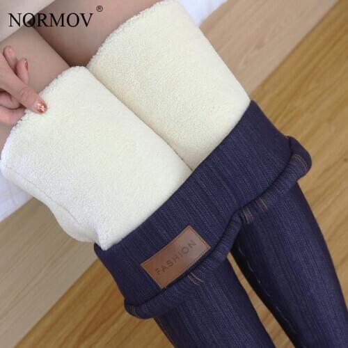 NORMOV Women Plus Size Winter Warm Leggings Imitation Denim Thick High Stretch Lamb High Waist Skinny Trousers Cashmere Leggins