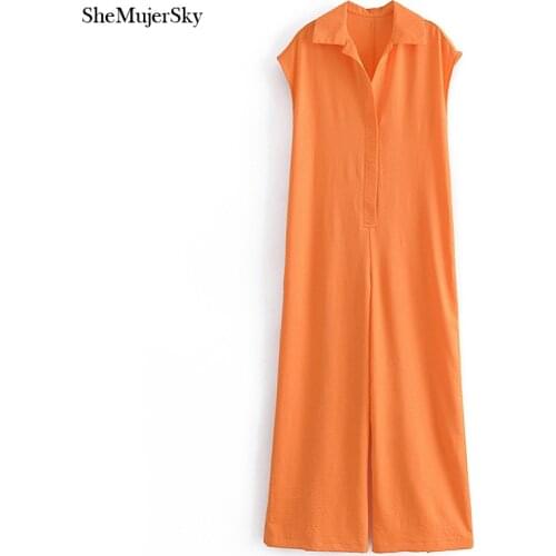 SheMujerSky Women Loose Orange Color Long Jumpsuits 2021 Summer Turn-down Collar Loose Jumpsuit Overalls