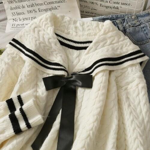 Women Spring Fall Japan Contrast Color Striped Lapel Sailor Collar Pullover Twist Crocheted Sweater Lace Up Loose Knitwear Tops