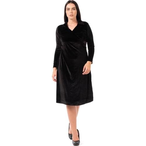Hanezza Plus Size Women Fashion 2020 Summer Clothing Long Sleeve Polyester Blend Velvet Dress Large Size V-Neck Casual Knee-Long Chic Dresses 42 - 52 EU Business Wear Female Solid Color Velvet Vestidos