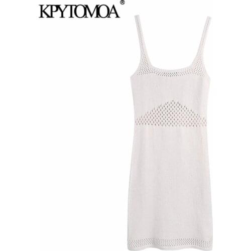 KPYTOMOA Women 2021 Fashion Hollow Out Fitted Knit Mini Dress Vintage Backless Thin Straps Female Dresses Vestidos Mujer