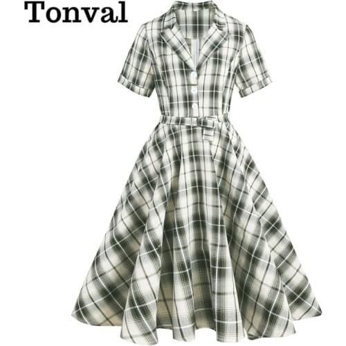 Tonval Women Green Plaid Rockabilly Vintage Dress Notched Collar Buttons Elegant Belted A Line Retro Ladies Dresses