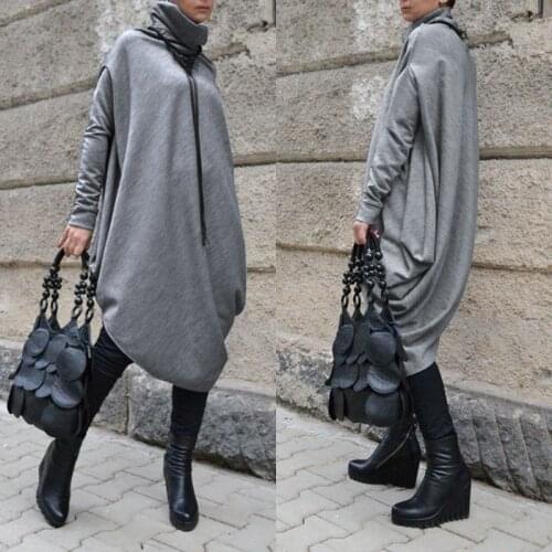 2021 ZANZEA Fashion Sleeve Hoodies Dress Womens Sundress Casual Turtleneck Asymmetrical Sweatshirt Pullover Vestido