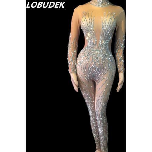 Sparkly Crystals Skin Color Skinny Jumpsuit Female Dancer Stage Wear Nightclub Leotard Bar Party Pole Dance Show Sexy Costume