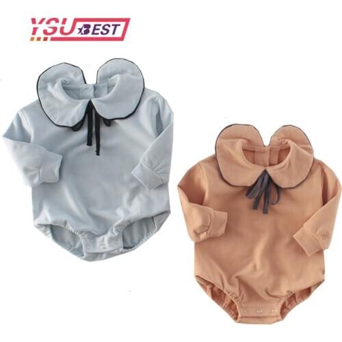 New Spring Baby Girl Bodysuits 2020 Girls' Bow Lapel Wrap Fart Bodysuits Baby Long Sleeve Cotton Baby Clothing Twins Clothes