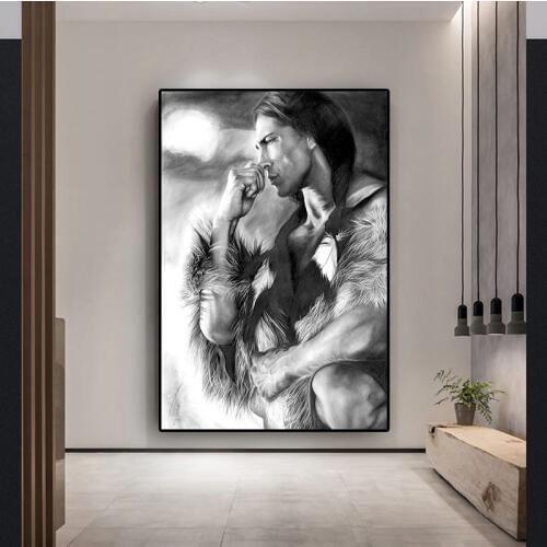 Black and White Native Indian Figure Canvas Painting Posters and Prints Scandinavian Wall Art Picture for living room
