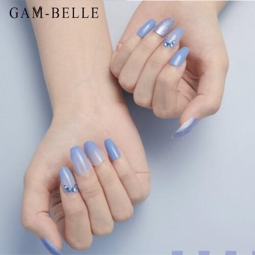 GAM-BELLE Blue Gradient Glitter Fake Nails with 3D Rhinestones Ballerina Full Artificial Nail Tips Self Adhesive Press On Nails