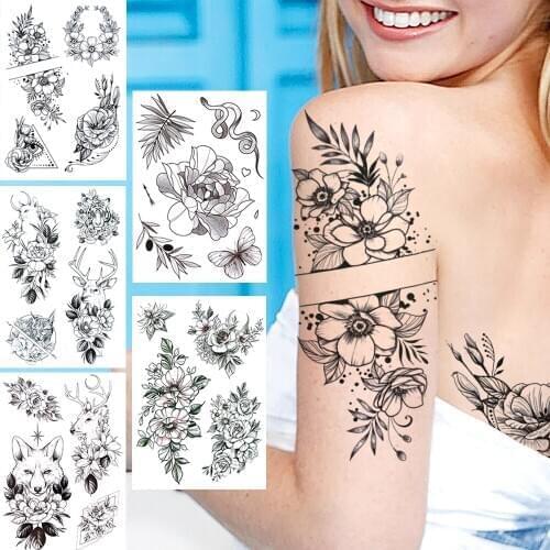 Geometric Flower Temporary Tattoos For Women Adults Black Anemone Lotus Peony Rose Tattoo Sticker Fake Wolf Deer Cat Tatoos