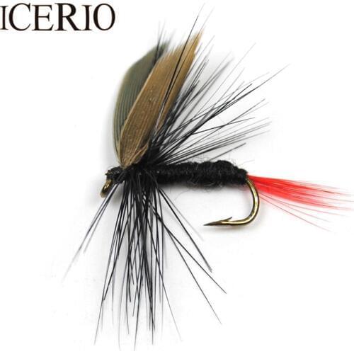 ICERIO 12PCS Red Tail Black Dry Fly Larvae Fly Fishing Trout Lures #10