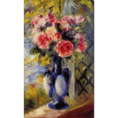 Art canvas paintings Bouquet of Roses in a Blue Vase-Pierre Auguste Renoir reproduction High Quality Handmade