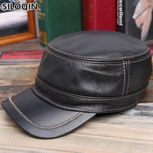 SILOQIN Adjustable Size Mens Flat Cap Cowhide Leather Military Hats Genuine Leather Hat New Autumn Winter Womens Brands Caps