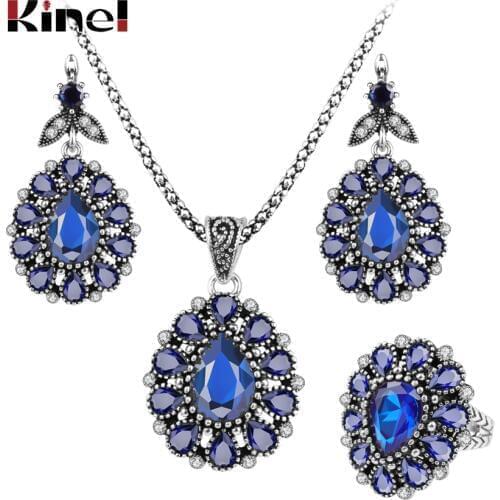 Kinel Hot Turkish Bridal Jewelry Set Fashion Blue Crystal Flower Necklace Earing Ring For Women Vintage Wedding Jewelry