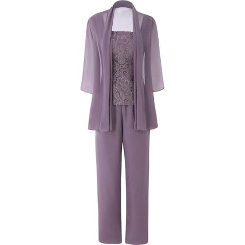 3 Pieces Lace Top 3/4 Sleeves Mother Of The Bride Pantsuits WIth short Jacket Chiffon Illusion Outfit Womens Dress Plus Size 202
