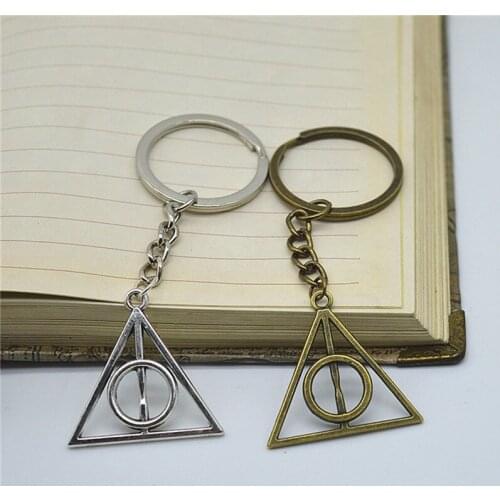 Fashion Keychain Deathly Hallows Bronze Silver Color Pendant DIY Men Jewelry Car Key Chain Ring Holder Souvenir For Gift