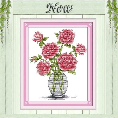 Roses in vase blooming Flower crafts painting Counted Print on canvas DMC 11CT 14CT Cross Stitch kits Needlework Sets embroidery