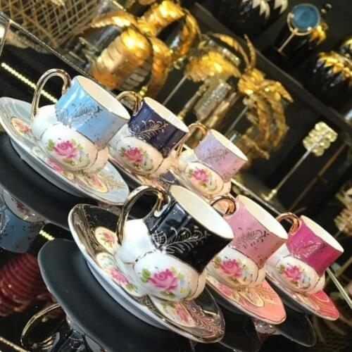 Arab Greek Turkish Coffee Cup Set Classic With Rose Patterned Colored Porcelain Gold Handles Drinkware Espresso