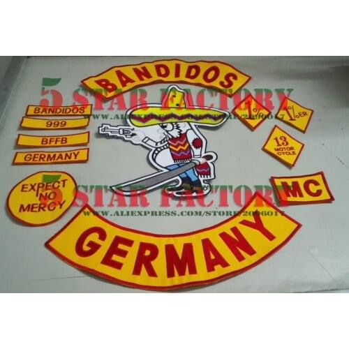 NEW ARRIVED 12PCS/SET BANDIDOS GERMANY MC PATCHES FOR THE JACKET VEST MOTORCYCLE GARMENT CLOTHES PATCHES IRON ON BANDIT PATCHES