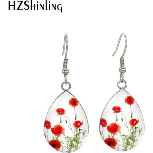 New Arrival Tear Drop Hook Earrings Poppies Glass Dome Cabochon Earrings Jewelry