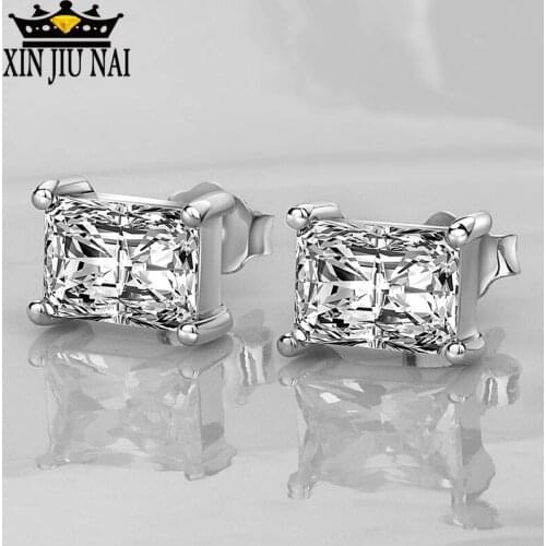 New simple rectangular princess simulation diamond womens sterling silver stud earrings