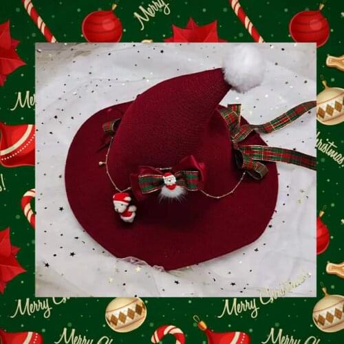 Original Christmas Lolita Knitted Peaked Witch Fur Ball Red Christmas Hat Lolita Soft Girl Autumn and Winter Hat