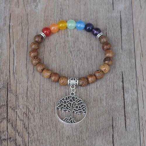Handmade Original Life Tree Seven Chakra Bracelet Wooden Beads 7 Chakra Yoga Healing Reiki Pray Buddha Mala Bracelet