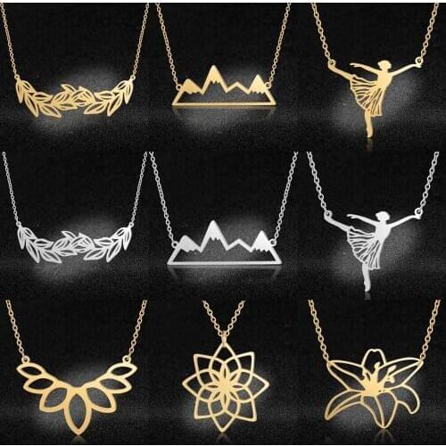 Unique Leaf Lotus Necklace Wholesale Stainless Steel Women Fashion Ballerina Jewelry Mountain Pendant Necklaces Dropshipping