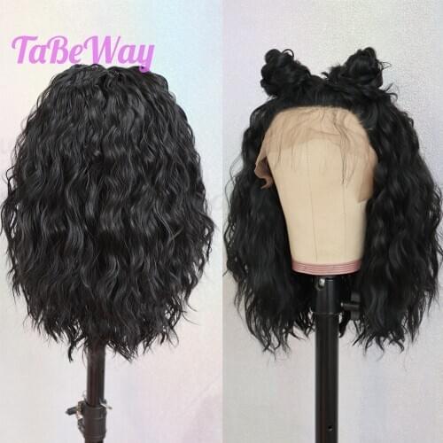 TaBeWay Black Synthetic Lace Front Wigs loose curly wave short Hair Resistant Glueless With Natural Hairline for Women