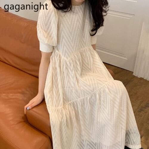 Gaganight Elegant Women Maxi Swing Holiday Dress Solid Slim Girls Sweet Summer Dresses Korean Fashion Vestidos with Lining Chic