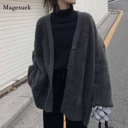 Loose Sweater Coat Women 2020 Winter Solid apricot Slim Mid-Length V-neck Faux Mink Fleece Knitted Jumper Cardigan Sweater 11650