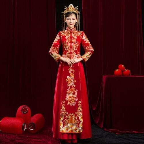 Oriental Style Bride Banquet Costume Couple Modern Chinese Wedding Dress Long Traditional Clothes China Qipao китайская одежда