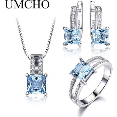 UMCHO 925 Sterling Silver Jewelry Set Nano Aquamarine Sky Blue Topaz Ring Pendant Stud Earrings Necklace For Women Fine Jewelry