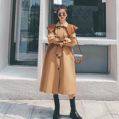 WoCamel Splicing Windbreaker Female Long Section2021Spring Autumn New Korean Loose Personality Fashion Fake Shawl Womens Coat2E