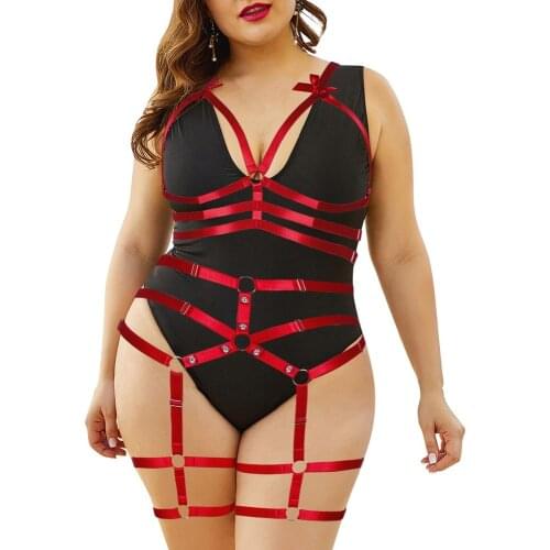 Wine Red Bow Harajuku Exotic Hollow Bra Sexy Plus Size Lingerie Suspender Porn Dress Harness Fashion Dance Costume Busty Women