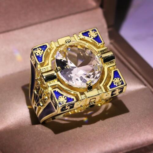High quality Geometric Square Shaped Gold Finger Rings Men Buddhism Chakra Henna Filled Round Zircon Stone Ring Jewelry