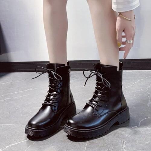 Womens Shoes Fashion Womens Boots Moccasins black middle heel root wedge short shoe lace-up womens flat heels boot