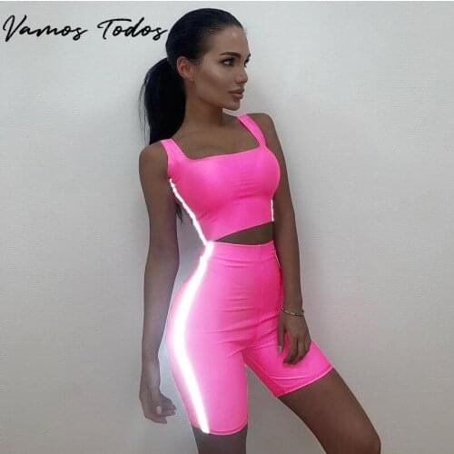 Vamos Todos 2021 Summer Solid Crop Top and Shorts Side Reflective 2 Piece Set Oufit For Women Patchwork Club Sports Tracksuits