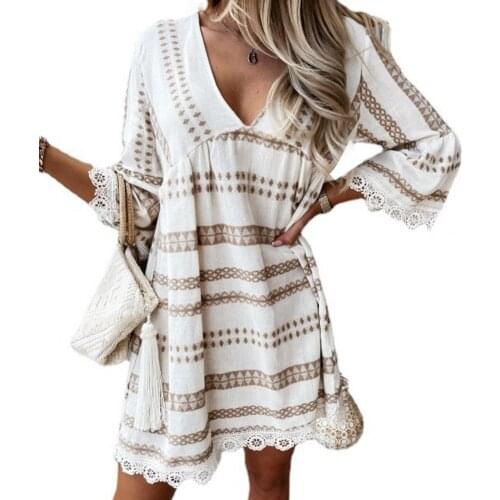 Women Dress Sexy V Neck Geometric Printing Loose Elegant Ladies Lace Stitching Flared 3/4 Sleeve Dress платье летнее женское2021