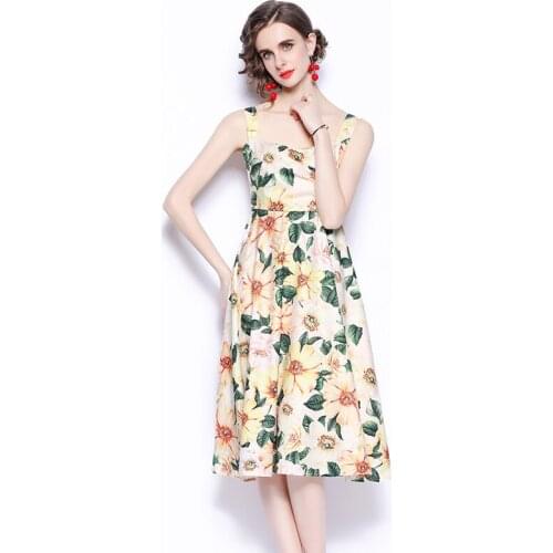 Runway Summer Spaghetti Strap Floral Dress Womens Square Collar Camellia Flower Print Blackless Beach Midi Dress k2040